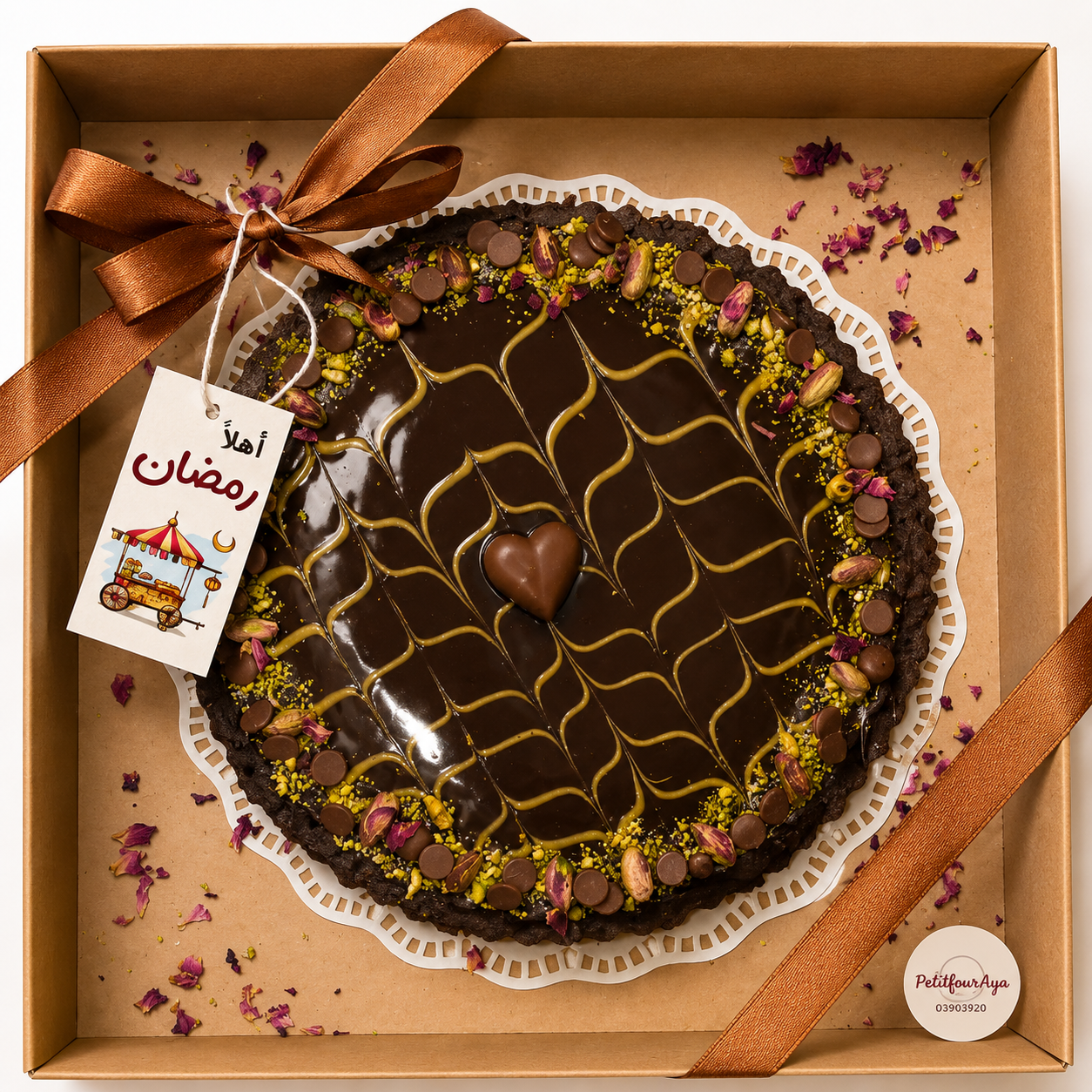 Large chocolate tart in a ribboned gift box